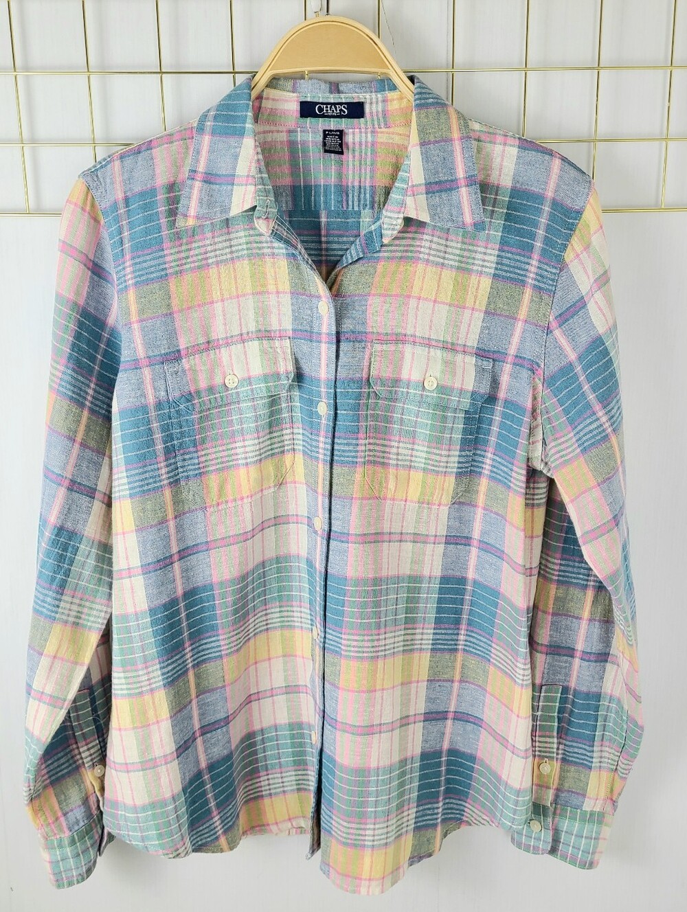 Chaps Linen Cotton Plaid Preppy Button-Down Shirt